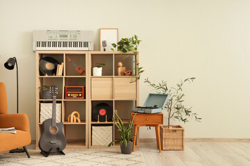 Obraz premium Interior of living room with guitar, shelf unit and plants