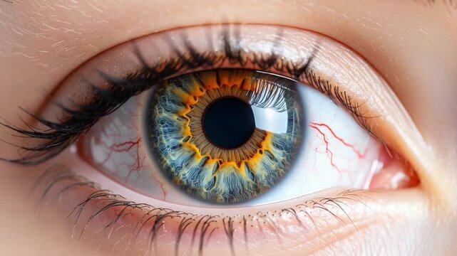 Close-up of a detailed human eye with vibrant blue and orange iris