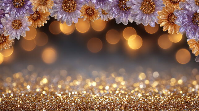 Close-up of glittering gold and purple flowers with bokeh background.
