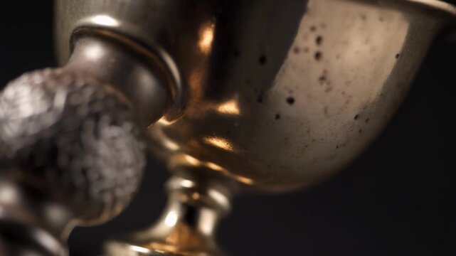 Close-up of a metallic goblet with a textured object inside on a dark background.