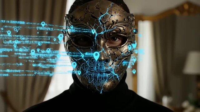 Unveiling the enigma of identity in the digital age, a person in a cracked mask immersed in data streams illustrates the profound Digital Literacy Evolution shaping our connected future.