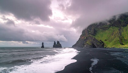 Fototapeta premium Dramatic coastal landscape with black sand beach, sea stacks, and cloudy sky in Iceland.