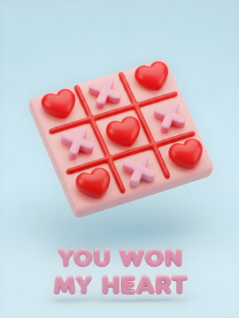 3D rendered tic tac toe game board with red hearts winning against pink crosses on blue background, romantic concept for Valentine's Day greeting card and love declaration
