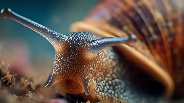 Detailed snail close-up on soil, nature macro