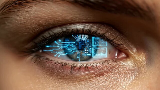 Close-up of a blinking human eye with a futuristic digital interface, showcasing glowing data displays, embodying the transformative Digital Literacy Evolution for enhanced human perception.