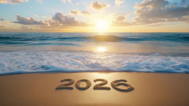 Happy New Year 2026 Beach Sunset Background