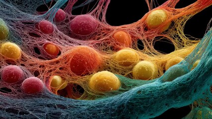 High quality design featuring colorful cell structures and fibers in a scientific concept display, ideal for digital projects about biology and microbiology - Powered by Adobe