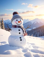 Fototapeta premium A snowman in a winter landscape with mountains and a sunset