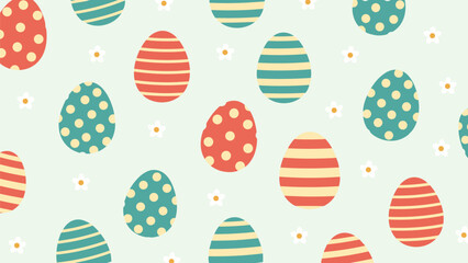Seamless easter egg pattern with colorful striped and polka dot eggs mixed with small white flowers on a light green background.
