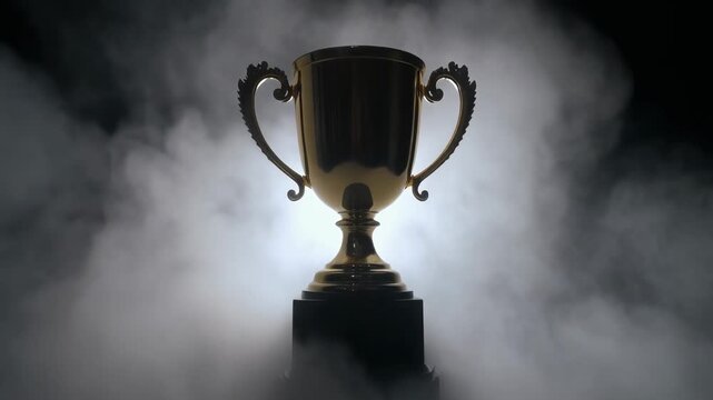 Golden Trophy Emerging from Mystical Fog.