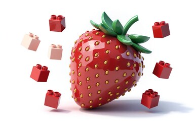 Fototapeta premium Strawberry made of LEGO bricks, surrounded by floating red and beige blocks on white background.