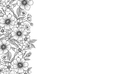 Obraz premium Detailed vertical border of hand drawn black and white wild flowers and leaves on the left side of a white background.