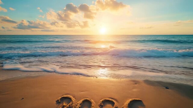 2026 New Year Written on Sandy Beach at Sunrise
