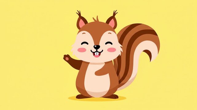 Cute cartoon squirrel waving hand on yellow background. Brown rodent with fluffy tail illustration. Adorable animal character for children education, animation projects, and mascot design.