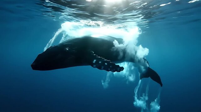 Humpback Whale Swimming Underwater in Ocean Blue Water Sunlight Reflection Wildlife Nature