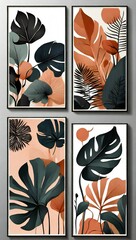 Four framed botanical art prints featuring tropical leaves in earth tones