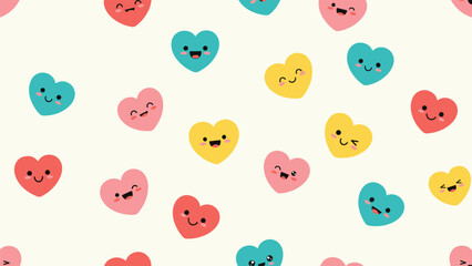 Fototapeta premium Joyful seamless pattern featuring various colorful cartoon hearts with cute faces and different expressions on cream.