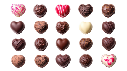 Delicious valentine's day chocolate hearts, isolated on transparent background
