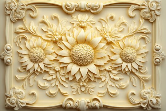 Intricate bas relief panel features symmetrical arrangement of sculpted sunflowers and elaborate scrolling foliage