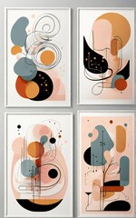 Four abstract mid century modern art prints with organic shapes and lines