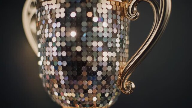 Luxurious champagne flute adorned with sparkling sequins and gold handle.