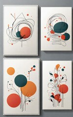 Four abstract mid century modern art canvases with organic shapes and lines