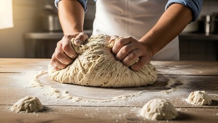 Baker Kneading Dough on Floured Surface.