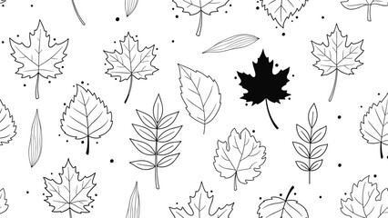 Modern seamless pattern with black and white line art of various leaves and dots on a clean white background.