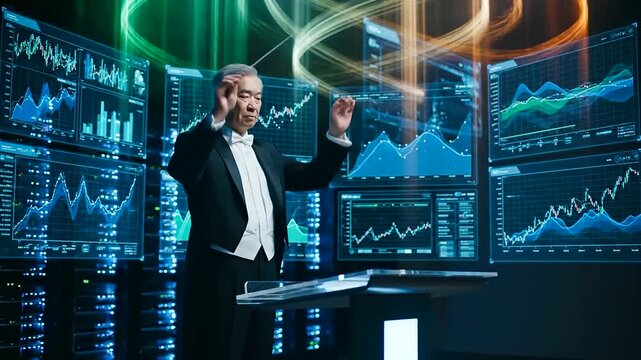 A senior Asian conductor masterfully orchestrates a symphony of dynamic data visuals across multiple screens, embodying the powerful Digital Literacy Evolution in modern business and tech.