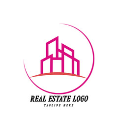 Obraz premium Modern Minimalist Real Estate Logo Design with Abstract Geometric House and City Skyline Icons on Black Background