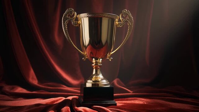 Golden trophy on a red velvet background with dramatic lighting.