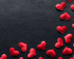Border of shiny red hearts on black background. Heart shapes for a romantic theme celebrating love, passion, or for a Valentines day background.