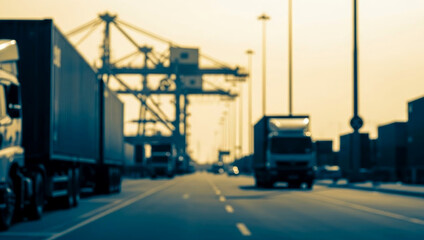 Blurred trucks and port cranes at sunrise or sunset lighting with warm golden tones, industrial silhouettes, and motion suggesting active harbor logistics in soft light.