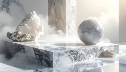 Elegant composition marble sphere & stone on a platform amid soft fog