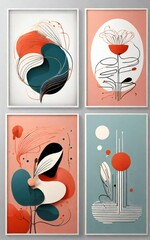 Four framed abstract floral paintings with organic shapes and lines