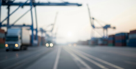 Blurred industrial port scene with trucks and cranes at sunrise or sunset showing warm light, layered silhouettes, and active harbor operations in motion.