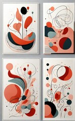 Four abstract paintings with organic shapes and mid century modern style