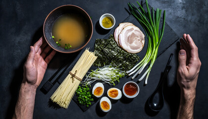 Japanese Ramen components like chashu, eggs, nori, and noodles, dramatically lit, perfect for restaurant menu backgrounds, cooking magazine layouts, Asian recipe headers, and exotic food blogs