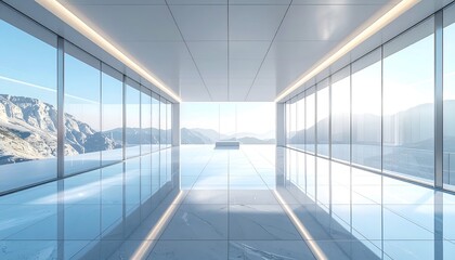 Bright, modern, reflective interior with expansive window views of mountains