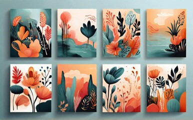 Collection of abstract watercolor paintings featuring floral and landscape motifs