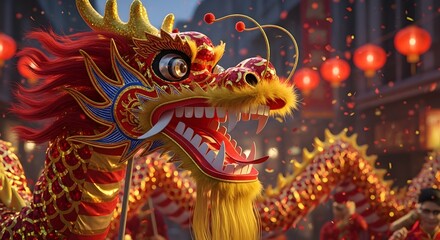 Fototapeta premium A captivating dragon dancing in a festive atmosphere during a celebration. The dragon is intricately designed with vibrant colors and patterns, a symbol of good fortune and power.