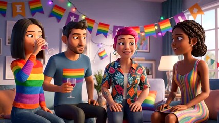 Diverse animated friends celebrating Pride Month in a vibrant living room, toasting and sharing laughter, embodying unity and inclusion in a joyful gathering.