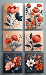 Four square floral art panels with painterly style and warm color palette