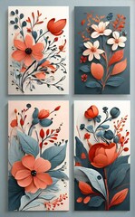 Four floral paintings with vibrant orange and pink flowers and green leaves
