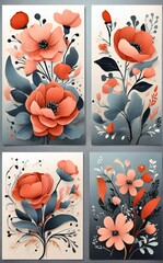 Vibrant watercolor floral arrangements with coral and peach poppies and greenery