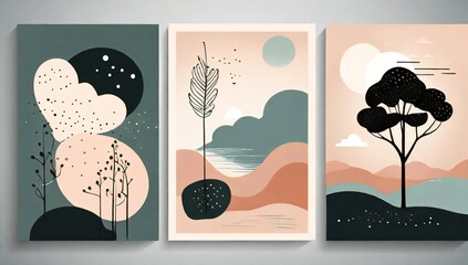 Abstract nature triptych with minimalist trees and organic shapes
