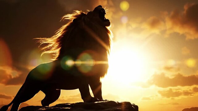 A dramatic cartoon lion, silhouetted against a golden sunset, roars powerfully on a rocky cliff.