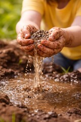 Mud and Water in Hands, Soil Texture Close Up