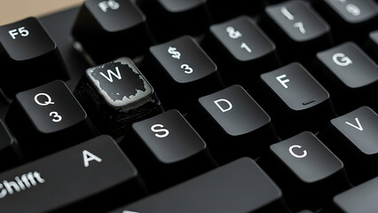 A close-up view of a black keyboard with a broken W key