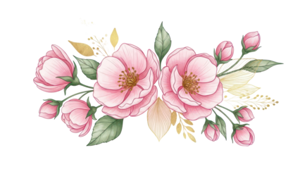 Spring floral in watercolor vector background. Luxury wallpaper design with pink flowers, line art, golden texture. Elegant gold blossom flowers illustration suitable for fabric, prints, cover.